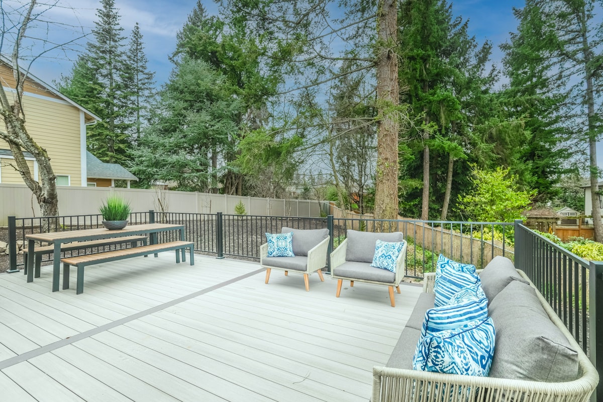 Freshly washed wooden backyard deck with visible wood grain