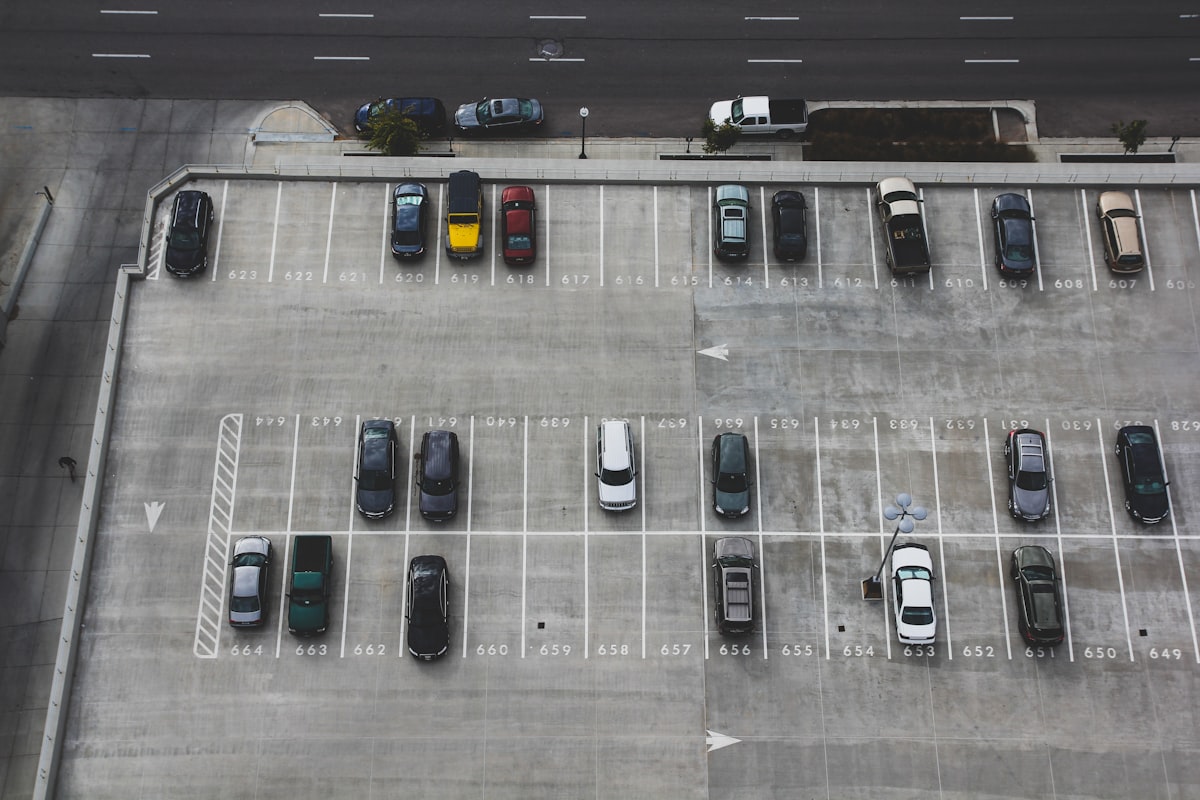Aerial view of a clean commercial parking lot and lanes