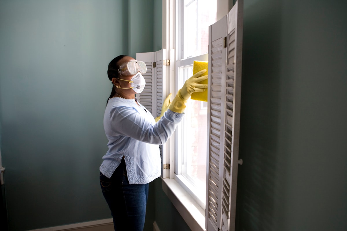 A technician hand-cleaning a window during an exterior cleaning visit